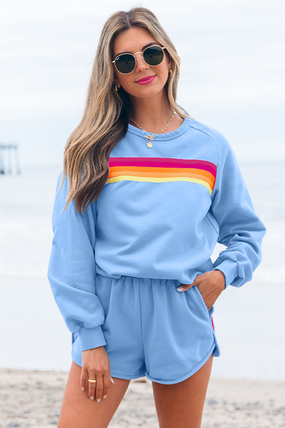 Rad Betty Bonbon Striped Accent Pullover and Shorts Two Piece Casual Set